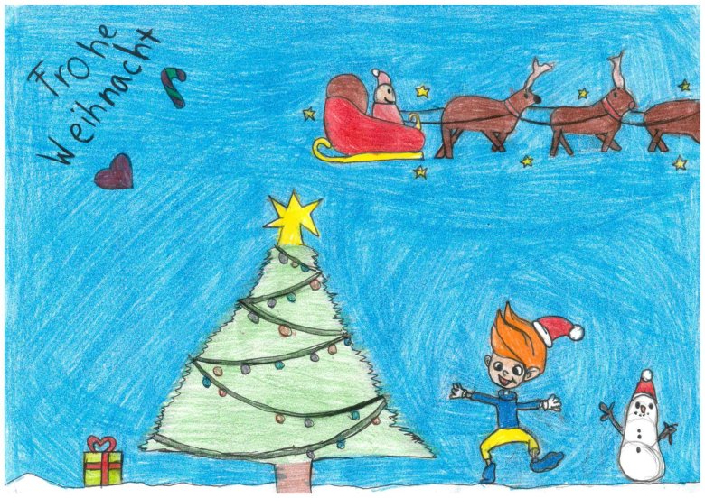 Modèles de cartes de Noël 2025 Le Père Noël flotte dans le ciel d'hiver avec son traîneau et ses rennes, tandis qu'au sol, Kodo, la mascotte de la Konzer-Doktor-Bürgerstiftung (Fondation citoyenne Konzer-Doktor), se réjouit avec un bonhomme de neige au-dessus d'un sapin de Noël illuminé.