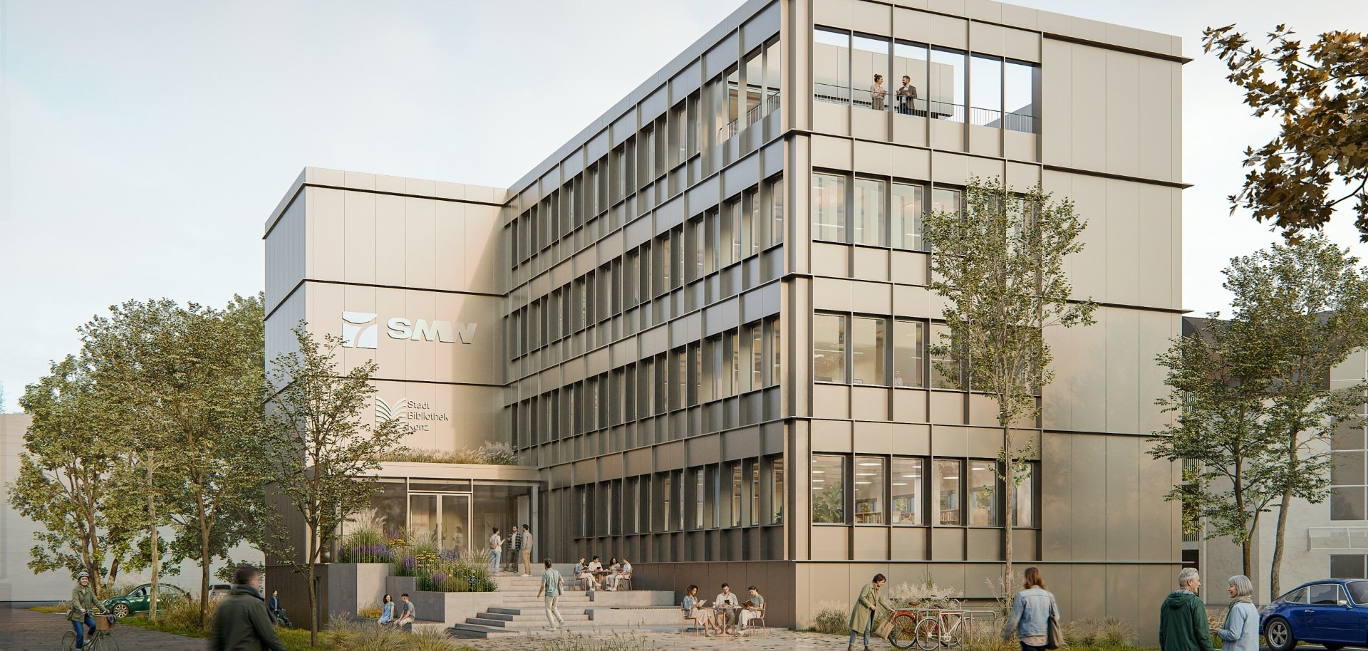 Visualisatie van het gerenoveerde gebouw aan de Konstantinstraße 50, exterieuraanzicht.